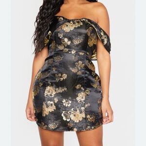 PrettyLittleThing Black and Gold One-Shoulder Floral Mini Dress